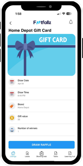 Digital Raffle - Screenshot of Real Estate App showing raffle(gift card) demo