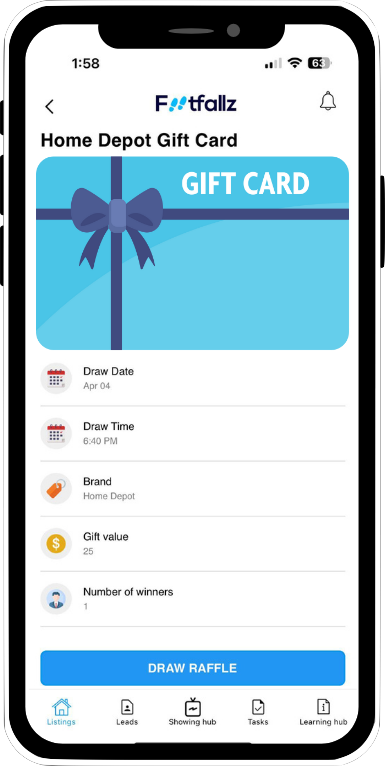 Digital Raffle - Screenshot of Real Estate App showing raffle(gift card) demo