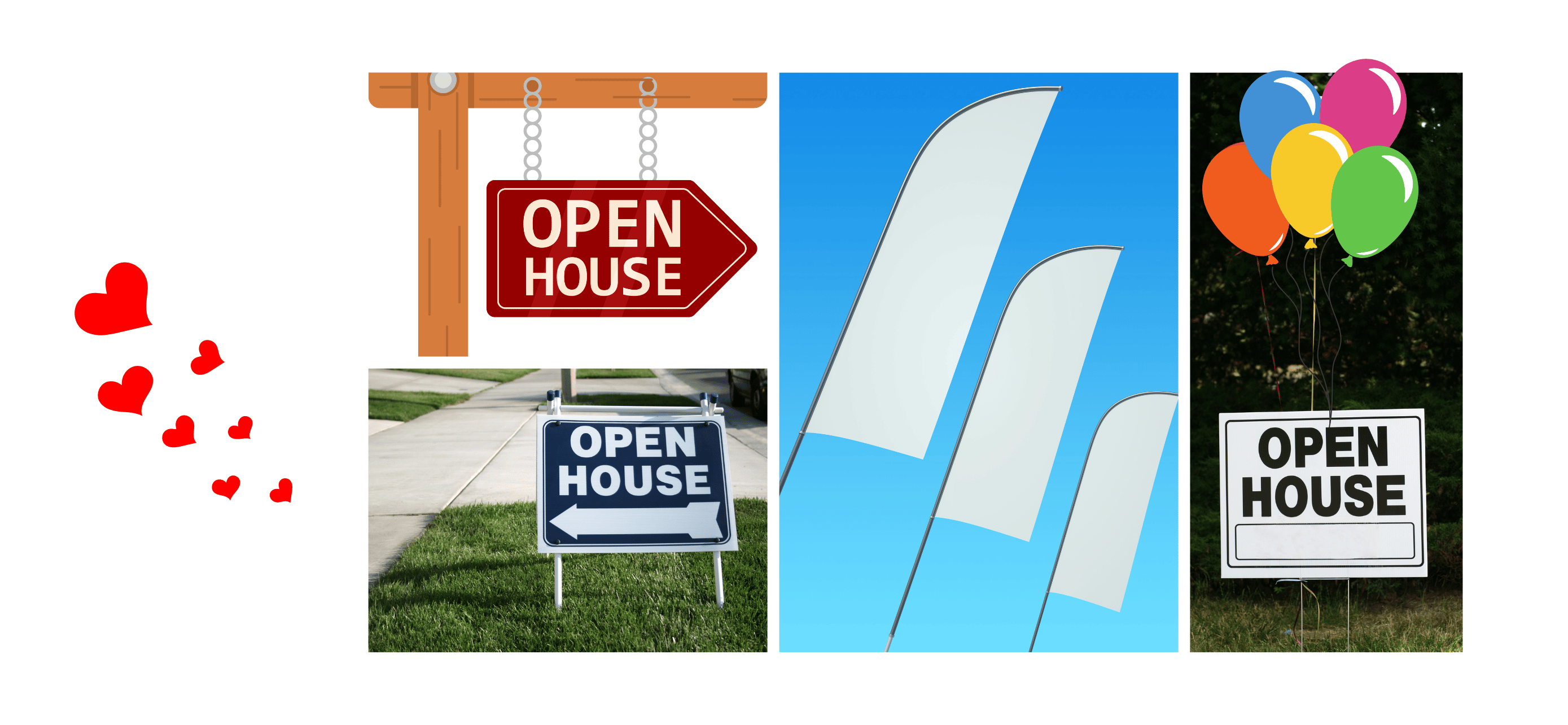 showcasing various props to enhance open house signs, including balloons for attention-grabbing decor, feather flags for visibility from a distance, and lighting to ensure signs are noticeable even in low-light conditions